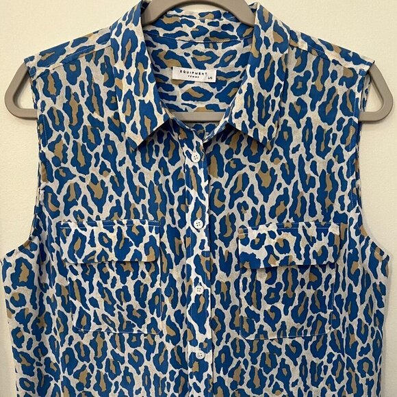 Equipment Femme Size L 100% Silk Cheetah Print Sleeveless Collared Shirt Dress - Picture 3 of 9